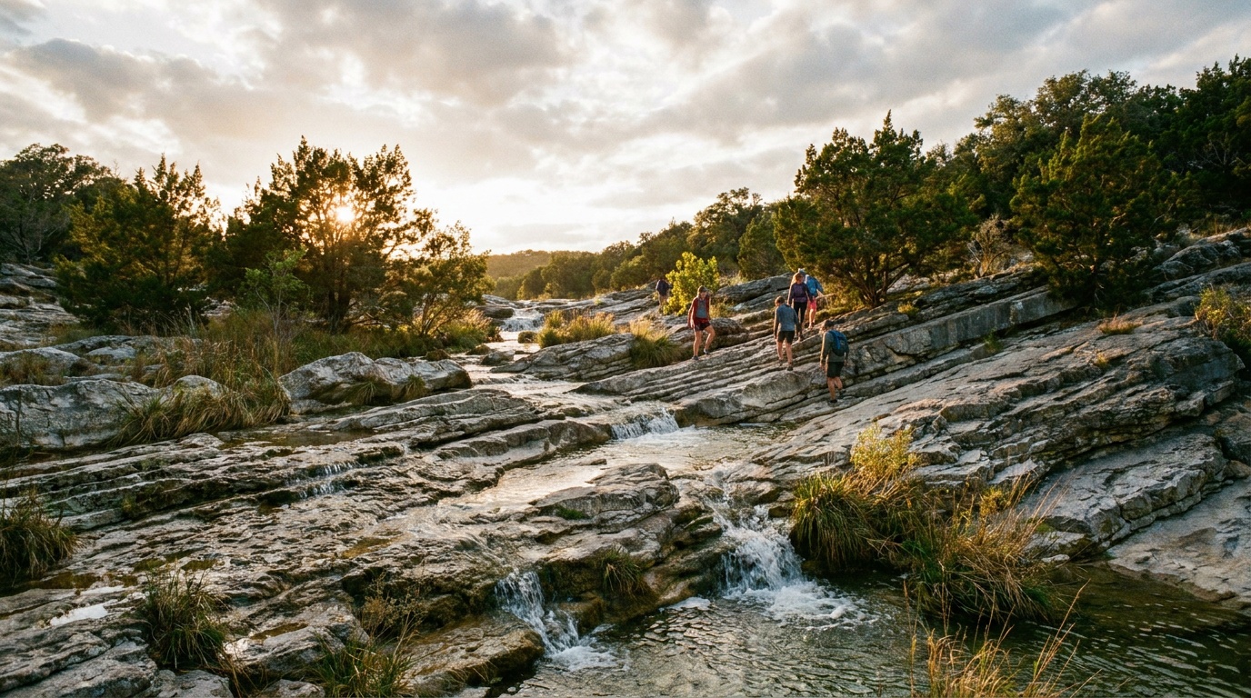 The Pedernales River stair-stepping over tilted limestone slabs at Pedernales Falls