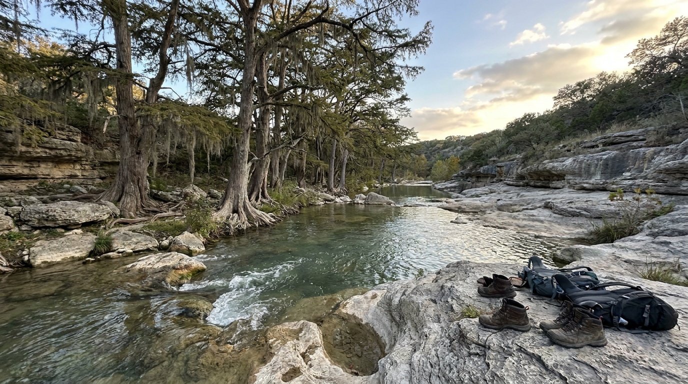 The Pedernales River flowing through cypress and limestone downstream of the falls