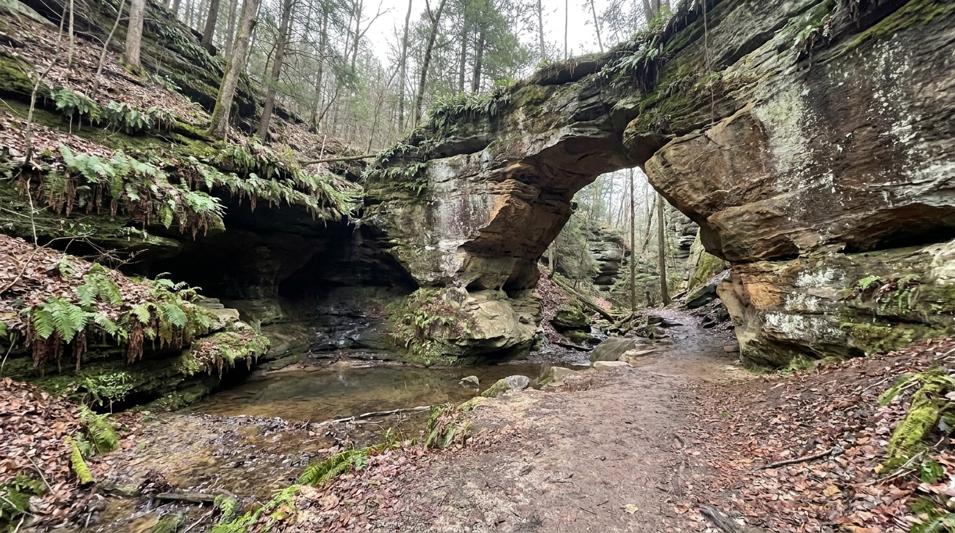 Sandstone natural bridge and grotto on the Seven Hollows Trail