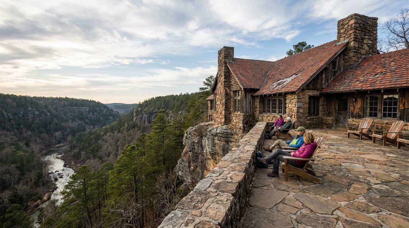 The historic CCC-built Mather Lodge above the Cedar Creek canyon