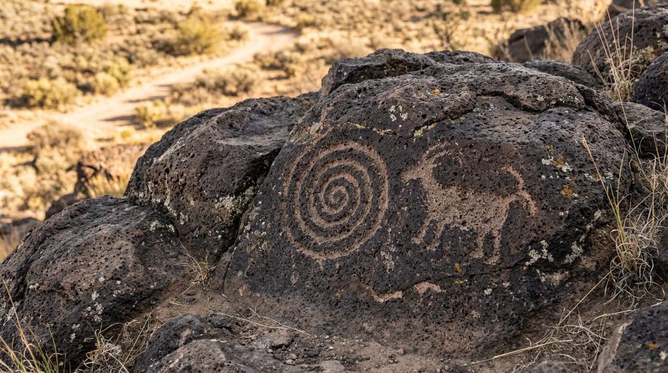 Close detail of a spiral and animal petroglyph pecked into black volcanic rock at Boca Negra Canyon