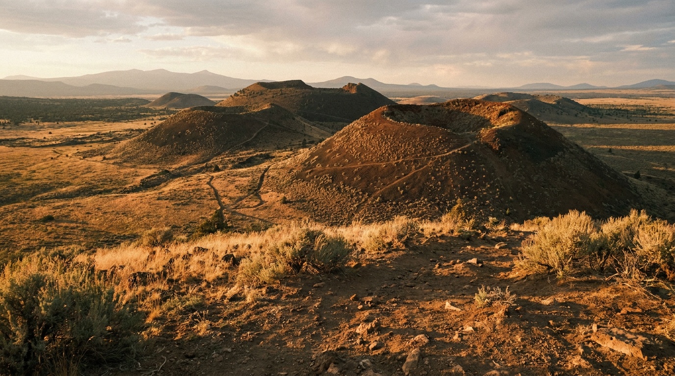 The cinder cones of the Volcanoes day-use area rising over the mesa at golden hour