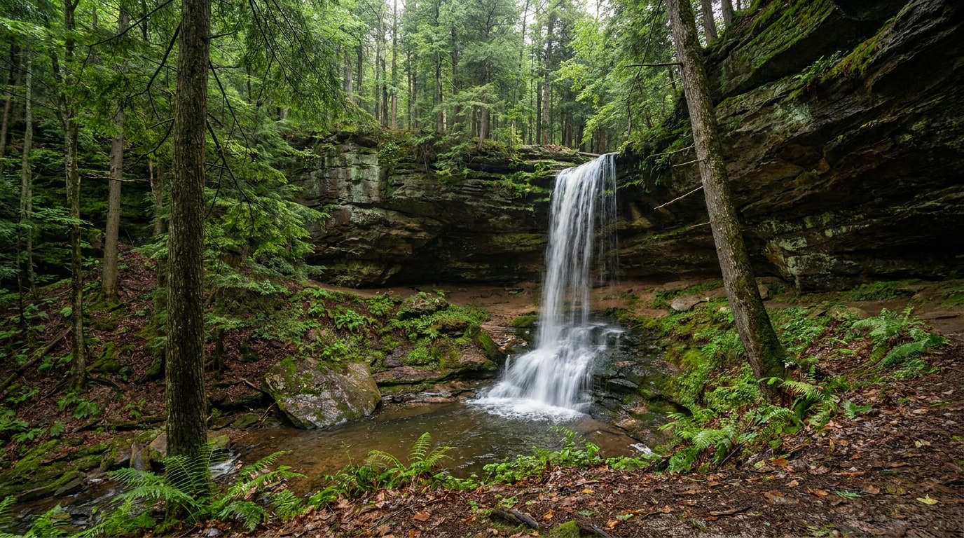 Munising Falls cascading over a mossy sandstone amphitheater in a green Upper Peninsula forest, lush ferns, soft diffused light