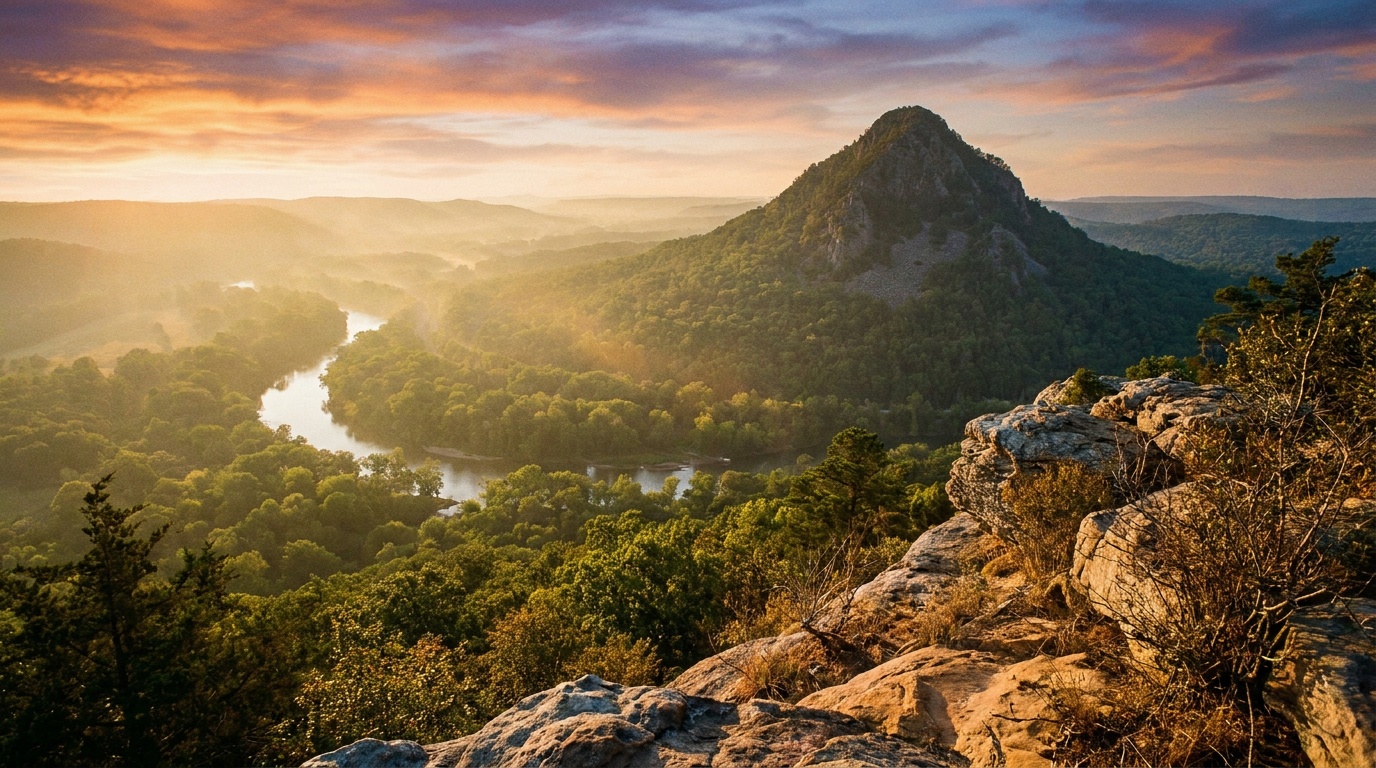 The steep cone-shaped summit of Pinnacle Mountain rising above the green Arkansas River valley near Little Rock, golden late-afternoon light, the rocky peak silhouetted against a wide sky