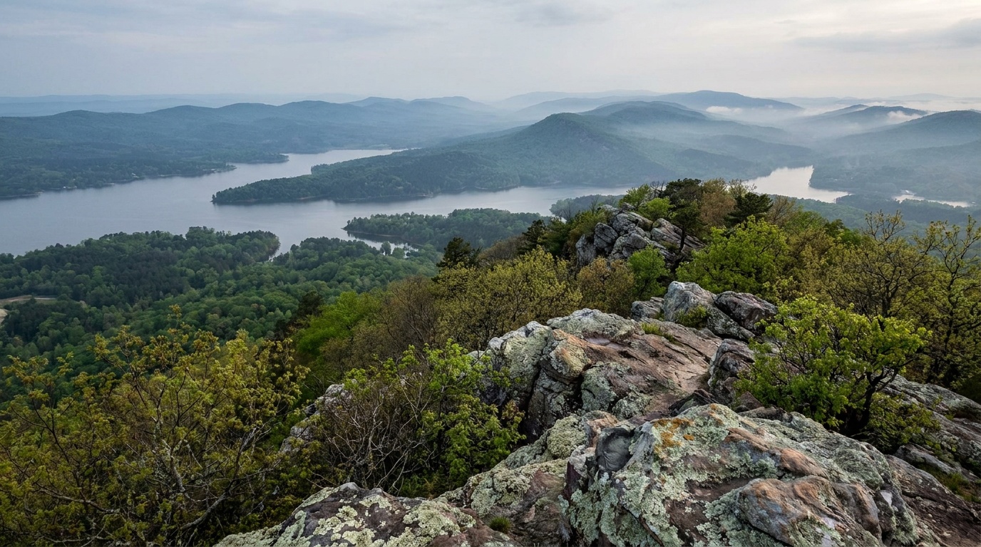 The panoramic view from the rocky top of Pinnacle Mountain over Lake Maumelle and the layered Ouachita Mountains, hazy blue ridges to the horizon, spring green