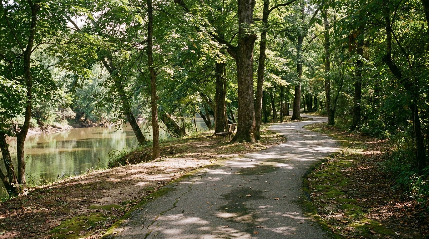 A peaceful paved arboretum loop trail winding through native Arkansas trees and a quiet riverbank, dappled green light, an easy accessible nature walk