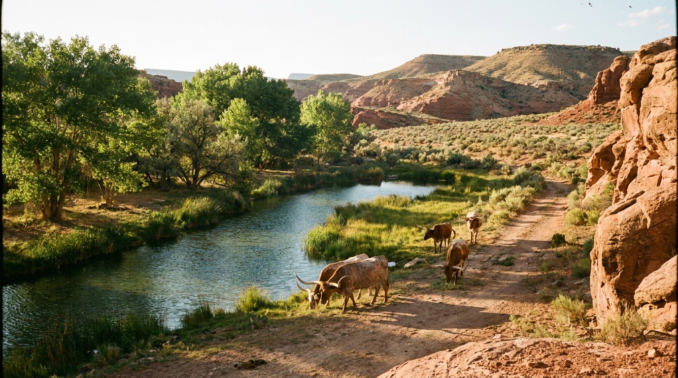 The spring-fed pond and green oasis at Pipe Spring contrasting with the surrounding dry red desert, longhorn cattle nearby, golden hour
