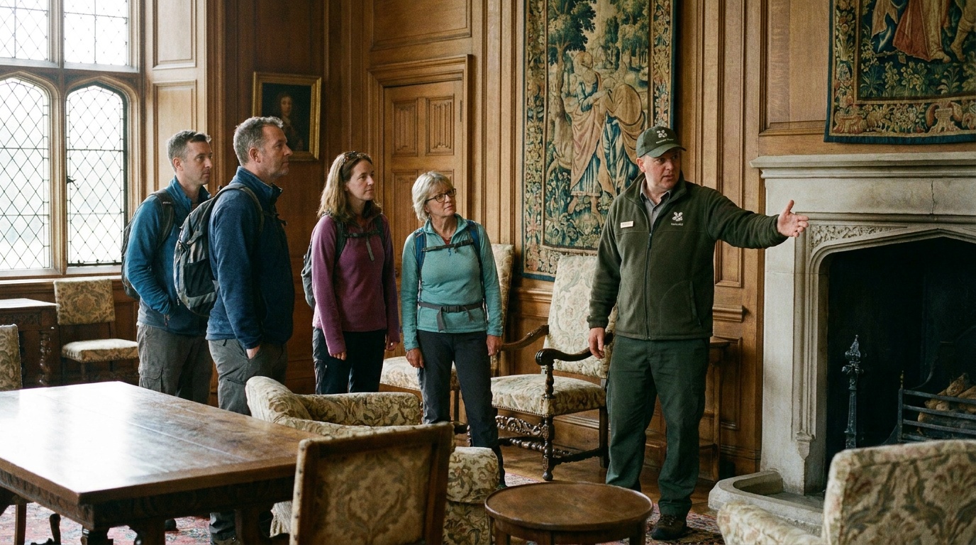 A ranger leading a small tour group into a furnished room of Winsor Castle, period furnishings, soft interior light through a window