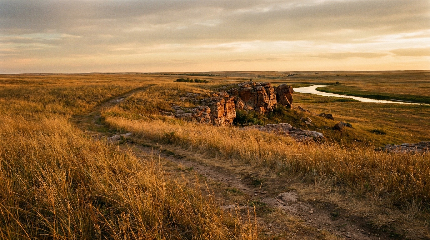 Tallgrass prairie at Pipestone in golden late-summer light, big sky, the quartzite ridge and a glimpse of the creek