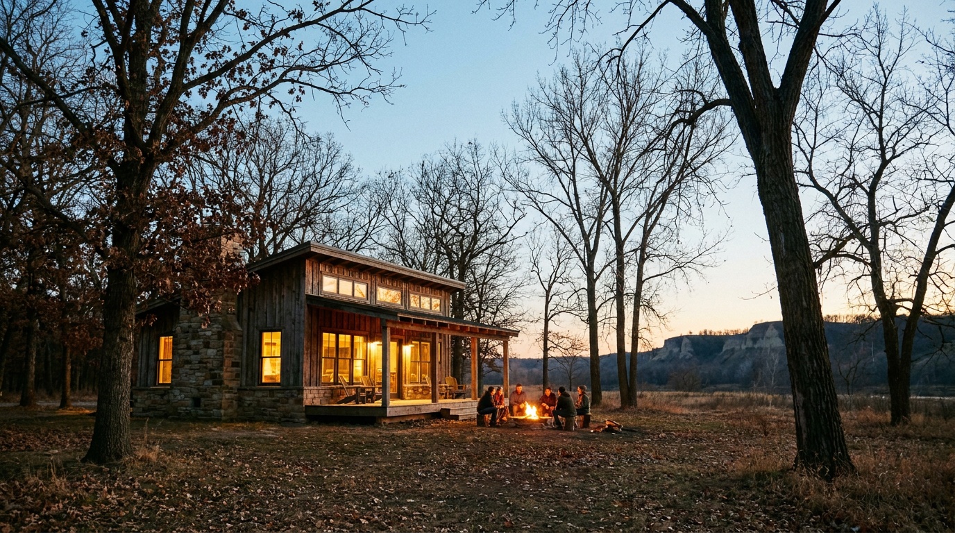 A modern log cabin among trees at Ponca State Park at dusk, warm lights in the windows, campfire glow, river bluffs in the background, Nebraska