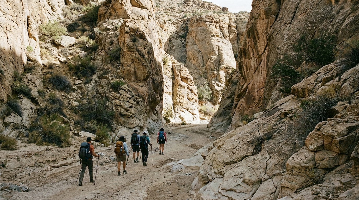 Hikers on the sandy canyon floor between gully walls