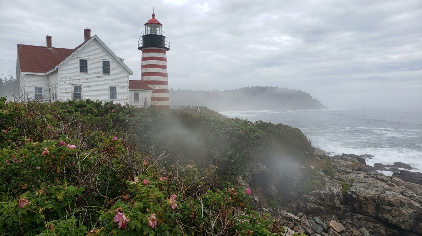 Close view of the West Quoddy Head Light keeper's white house and striped tower with wild rose bushes and ocean fog drifting past, easternmost Maine coast