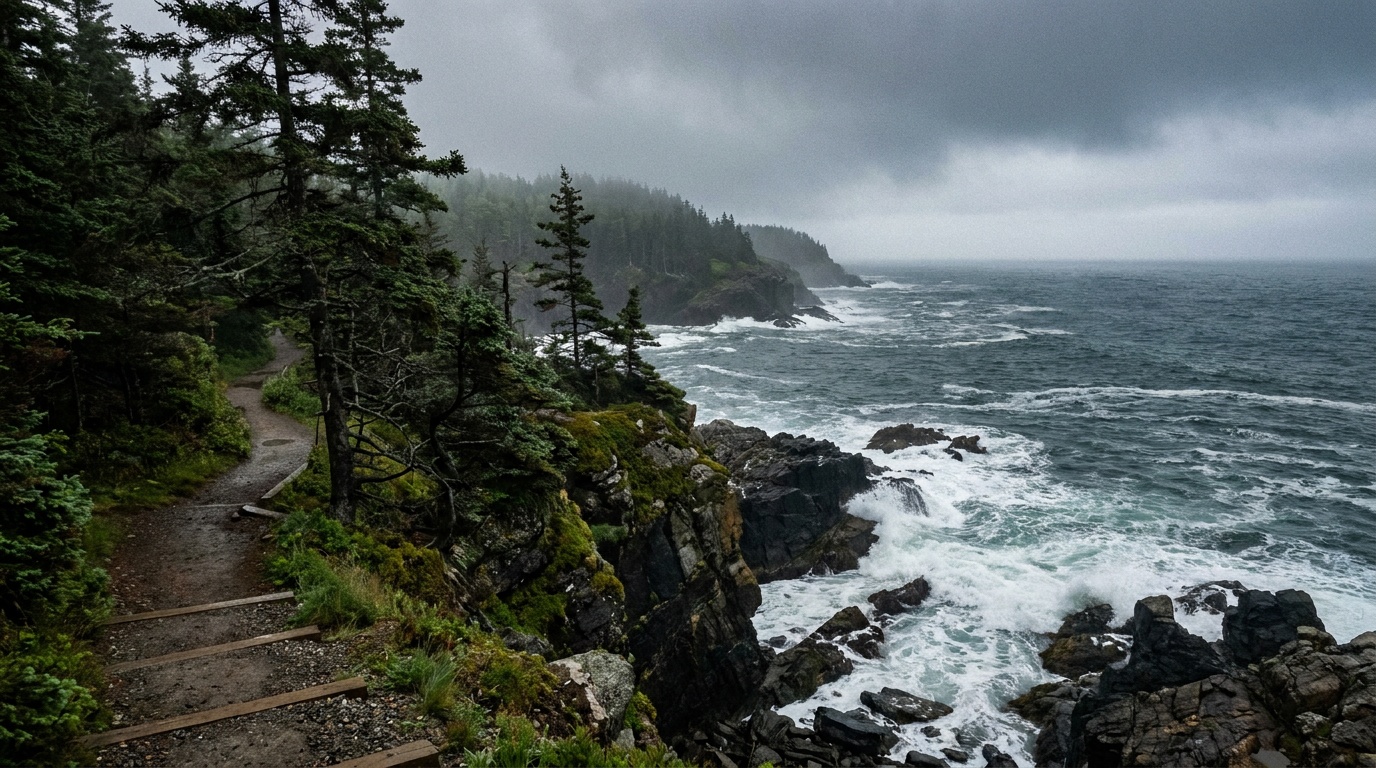 Rugged coastal cliffs and crashing surf along the Coastal Trail at Quoddy Head, dark spruce forest meeting rocky headlands above the deep blue channel, overcast Down East Maine atmosphere