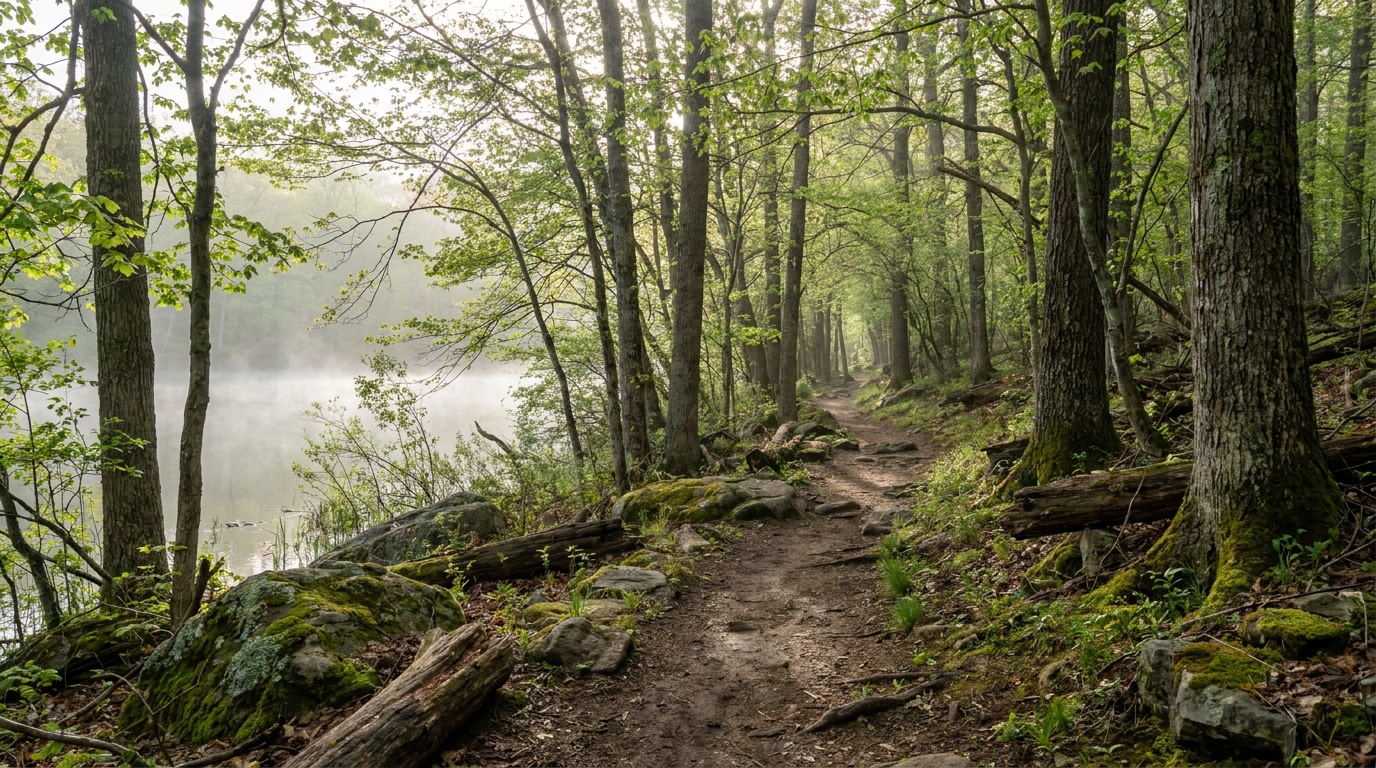A wooded lakeside hiking trail winding along the shoreline through hardwood forest in spring green, dappled sunlight, no people, peaceful walking path