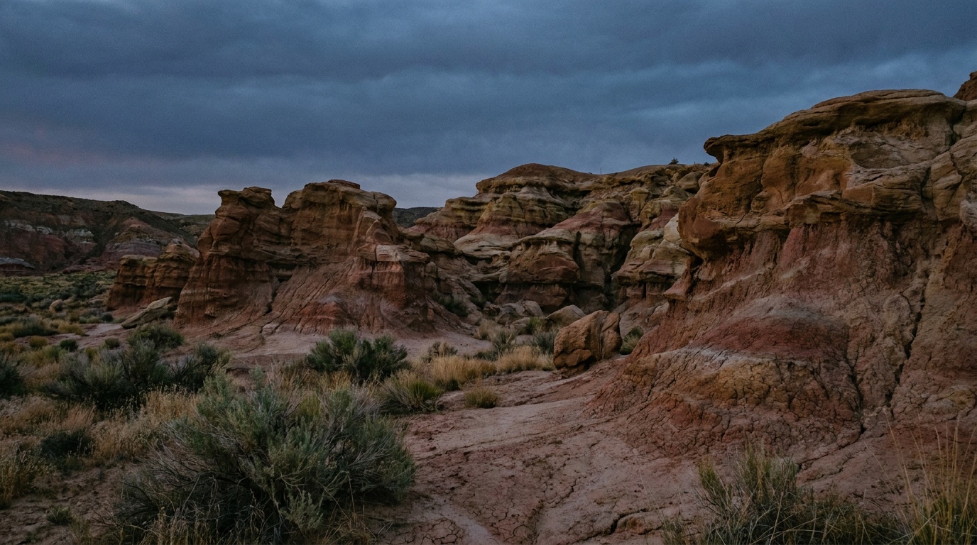Dark desert sky over the eroded badlands of Red Rock Canyon, California
