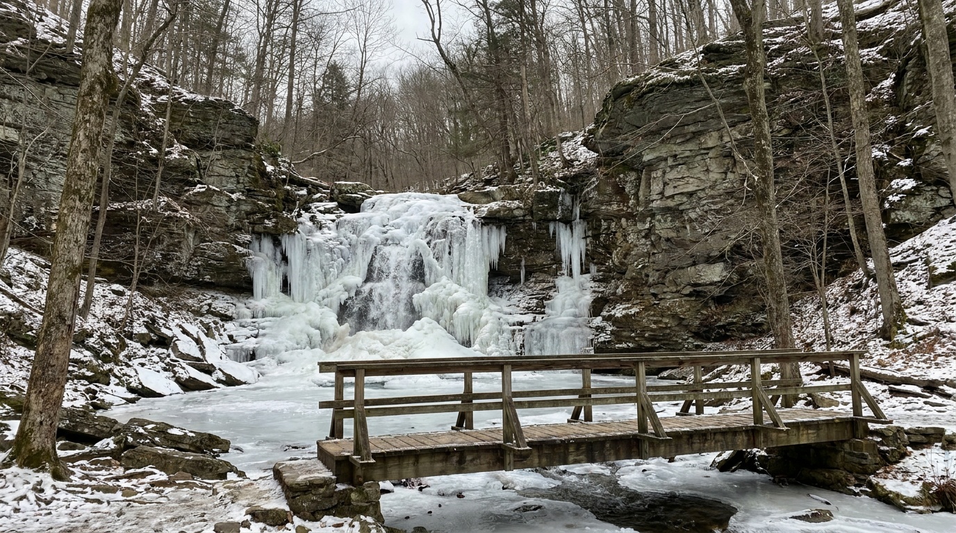 A frozen waterfall in winter at Ricketts Glen