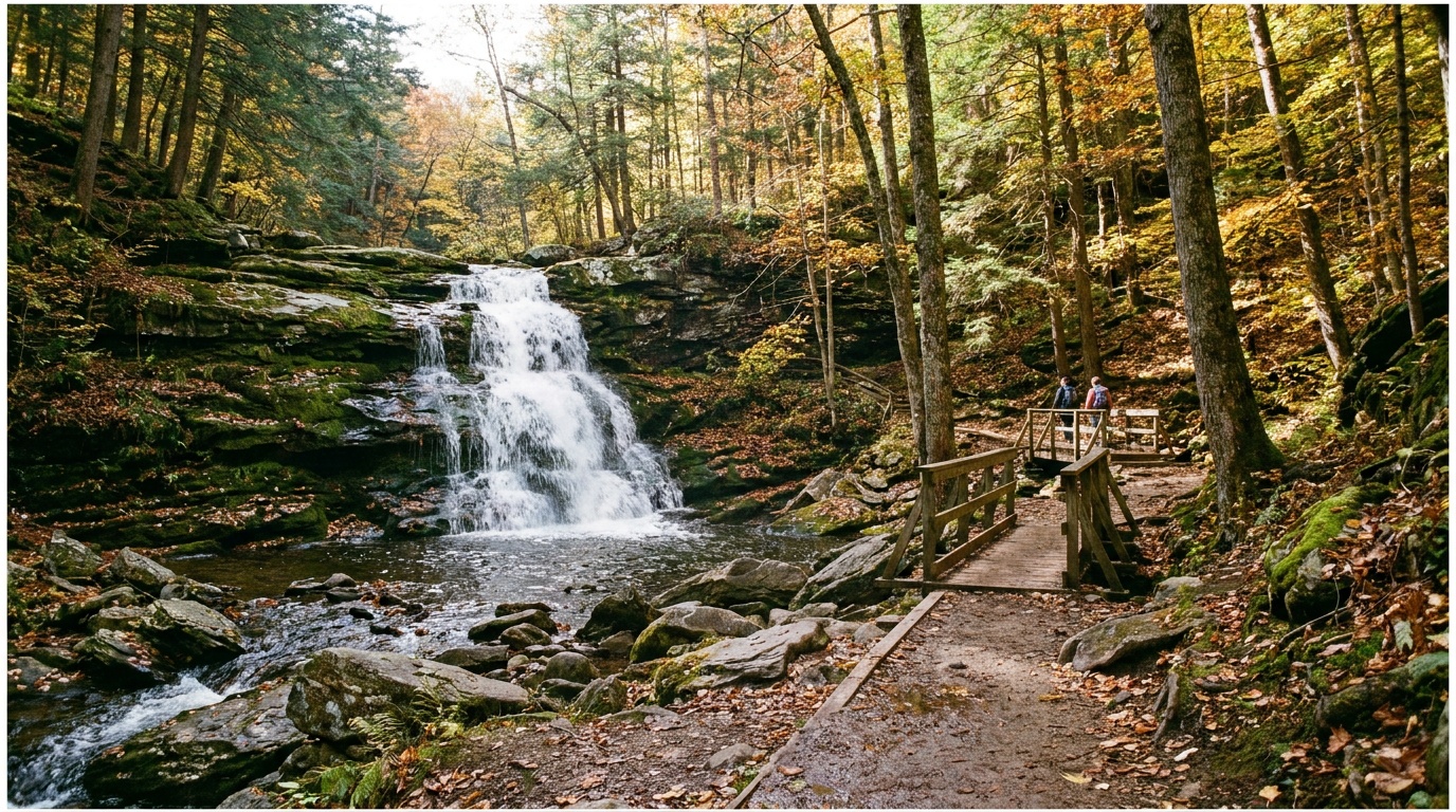 A cascading waterfall along the Falls Trail through the Glens Natural Area