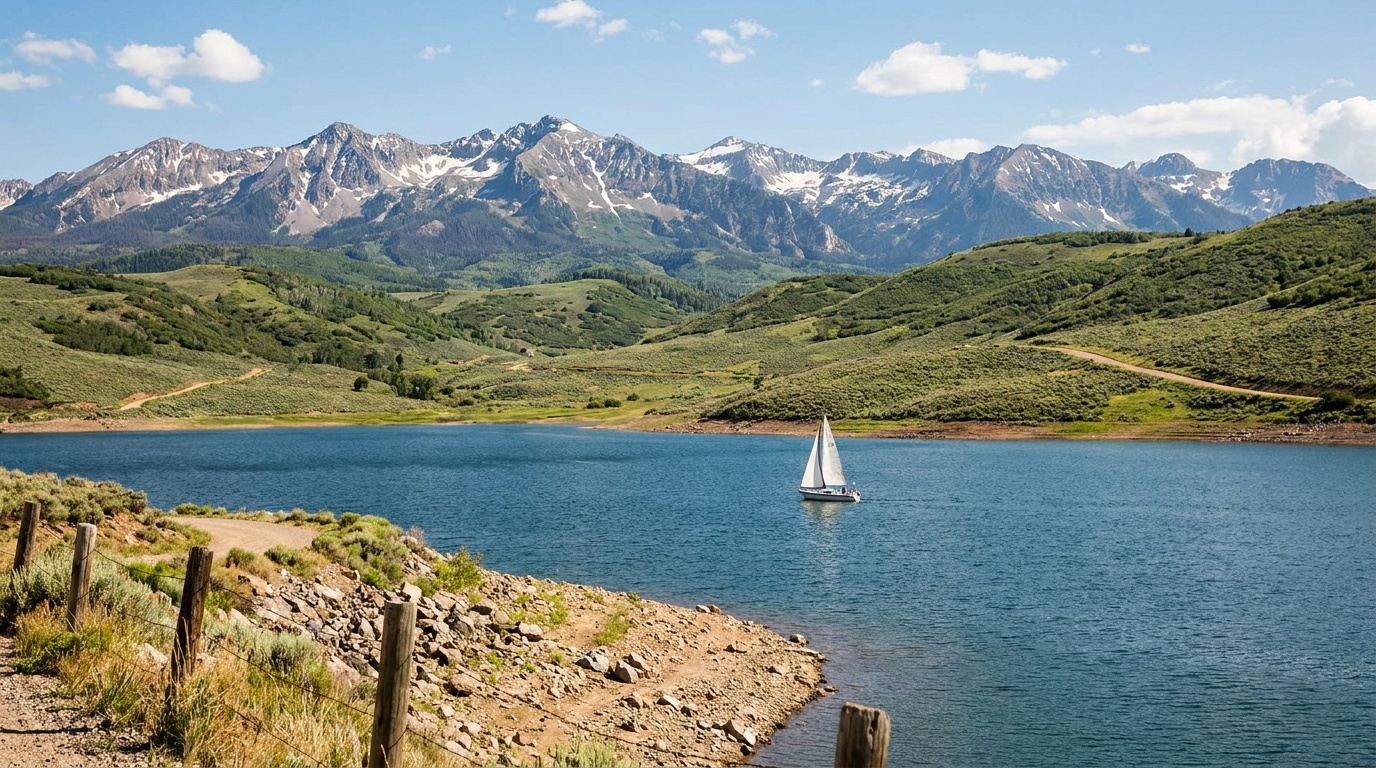 Ridgway Reservoir's deep blue water below the snowcapped San Juan Mountains, a sailboat on the lake, green foothills, dramatic Colorado peaks, clear summer day