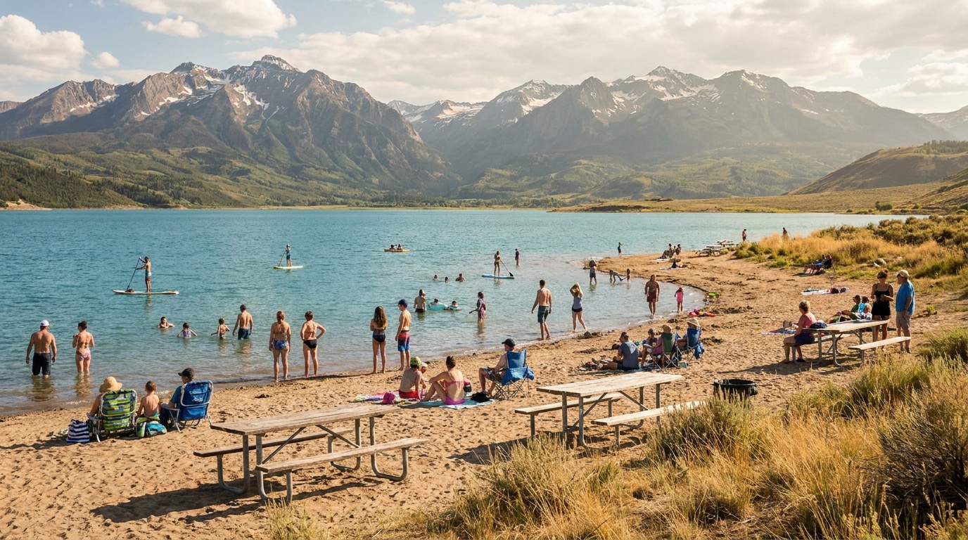 A sandy swim beach at Ridgway Reservoir with people swimming, turquoise water, and the high San Juan Mountains rising behind