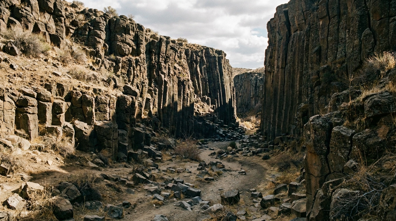 Dramatic basalt canyon walls at Deep Creek within Riverside State Park, layered dark rock columns above a dry creek bed, dramatic light