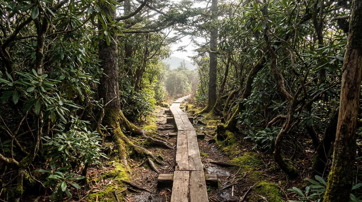A wooden trail through a tunnel of dense Rosebay rhododendron in deep green forest, soft light filtering through the canopy, a quiet rooted path climbing the ridge