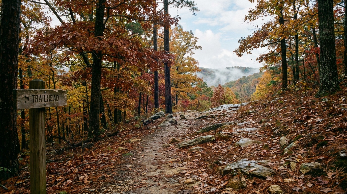 A wooded hillside nature trail above Russell Cave in autumn, fall color on the ridges of northeast Alabama, limestone and leaf litter
