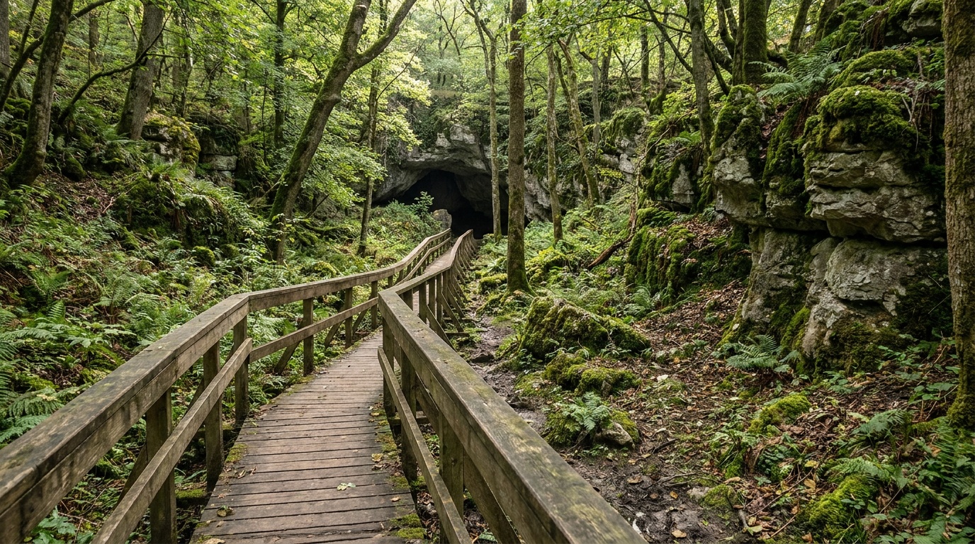 A wooden boardwalk trail winding through lush green forest toward the Russell Cave entrance, dappled sunlight, limestone outcrops