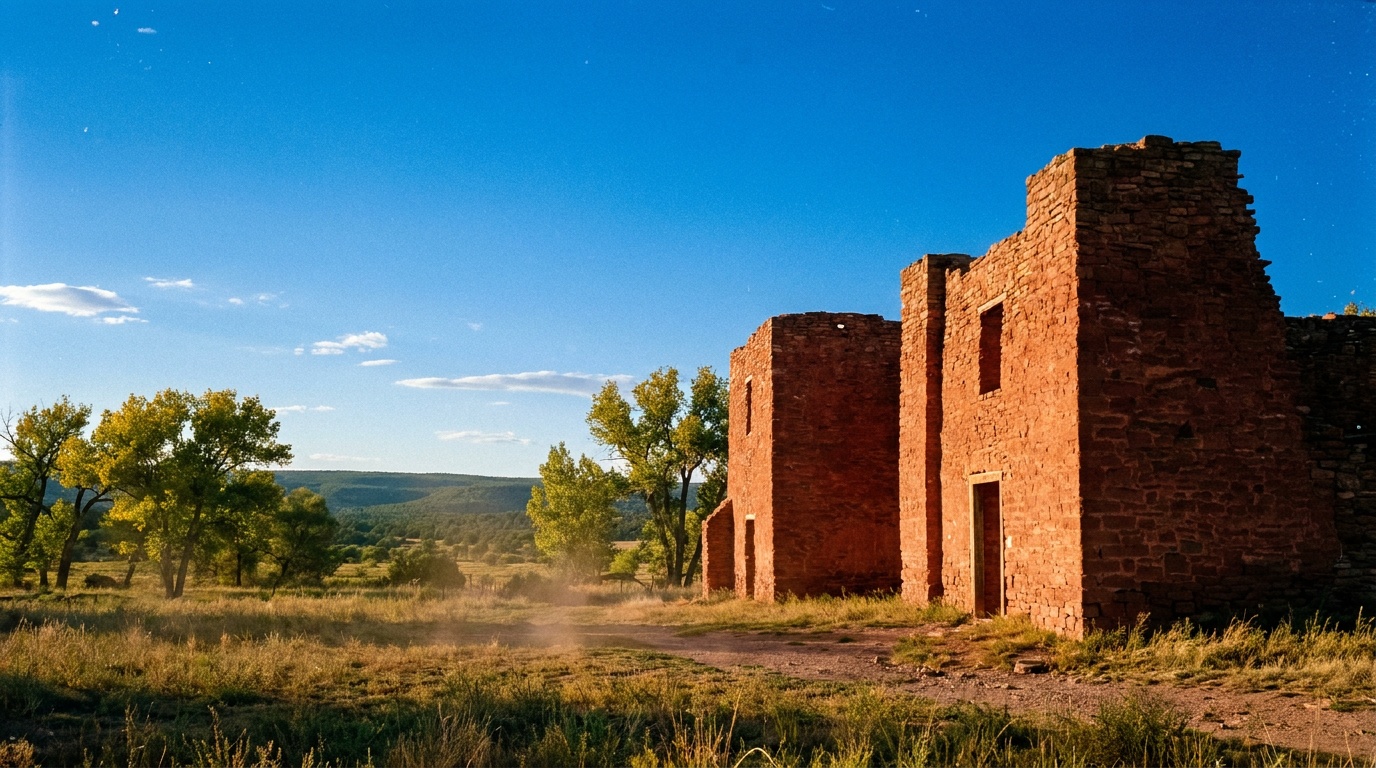 The tall standing red sandstone walls of the Quarai mission church ruins against a deep blue New Mexico sky, green valley and cottonwoods at the base, warm afternoon light