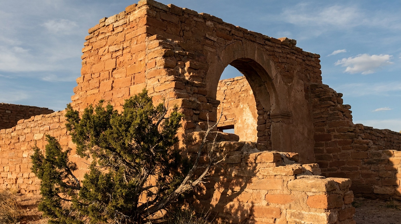 Detail of weathered red sandstone mission walls at Abo with the San Gregorio church arch, textured stone blocks, raking side light, juniper in foreground