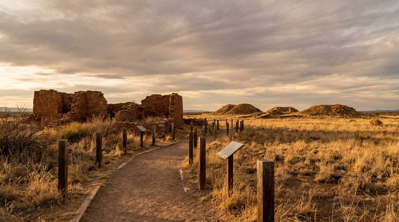 A self-guided interpretive trail winding among the Abo mission ruins and unexcavated pueblo mounds on the open high plains, dramatic clouds, low golden light