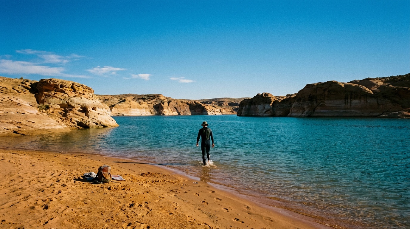 A swimmer wading from a sandy red-rock beach into the clear blue water of Sand Hollow Reservoir under a deep blue desert sky