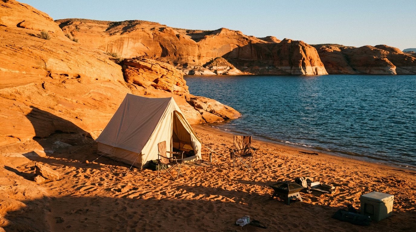 A campsite on the red sandstone beach at Sand Hollow at golden hour, a tent and camp chairs facing the blue reservoir, red rock glowing