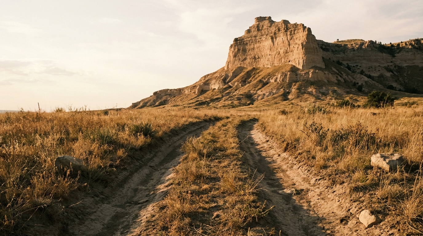 Deep preserved Oregon Trail wagon ruts cutting across the prairie below Scotts Bluff, the bluff looming behind, golden grassland, low sun