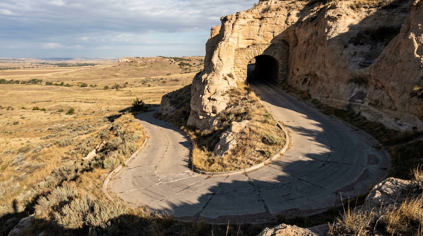 The historic concrete Summit Road switchbacking up Scotts Bluff and entering a stone tunnel, prairie and bluff face, dramatic morning shadows