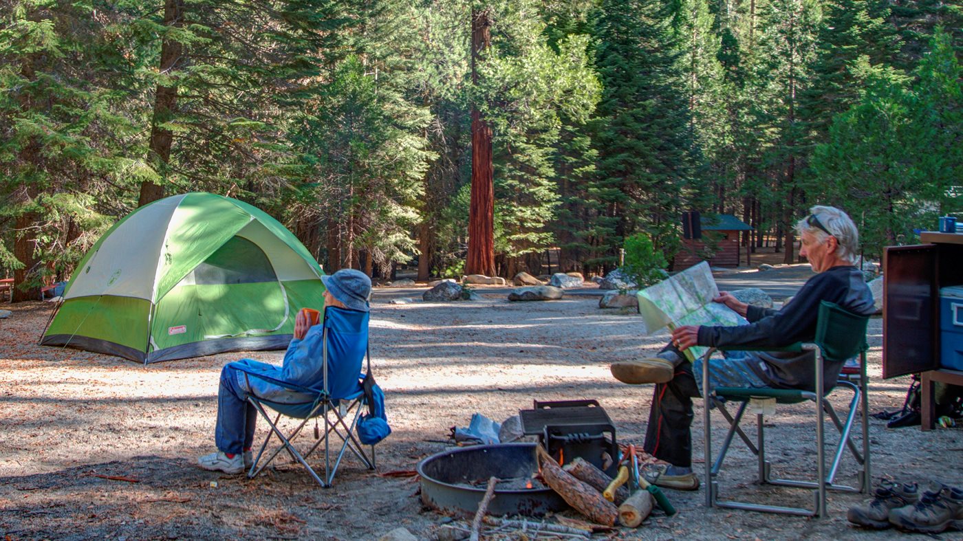 A tent site at Lodgepole Campground beneath forest trees
