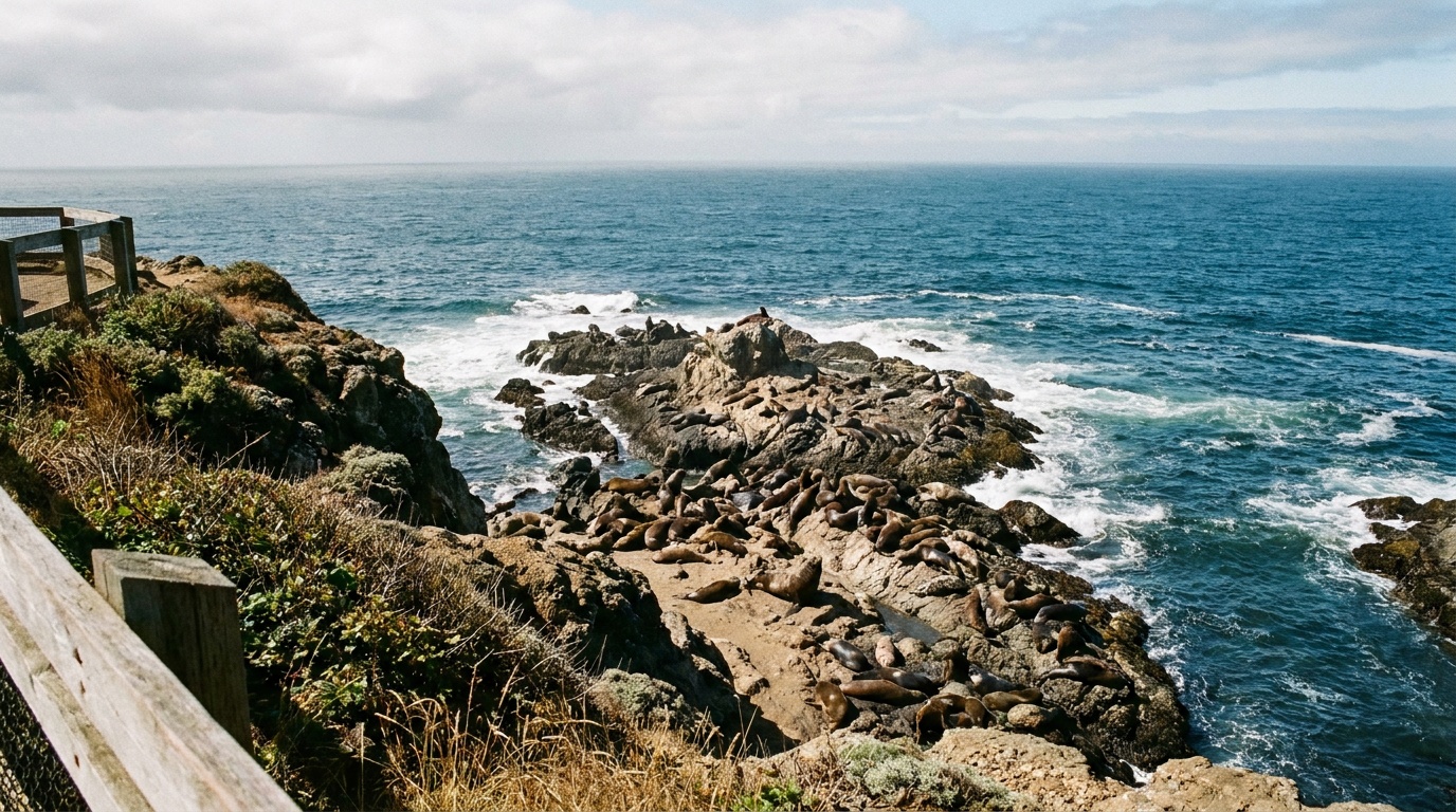 Hundreds of sea lions and harbor seals hauled out on the rocks of Shell Island at Simpson Reef, viewed from a clifftop overlook, blue Pacific water
