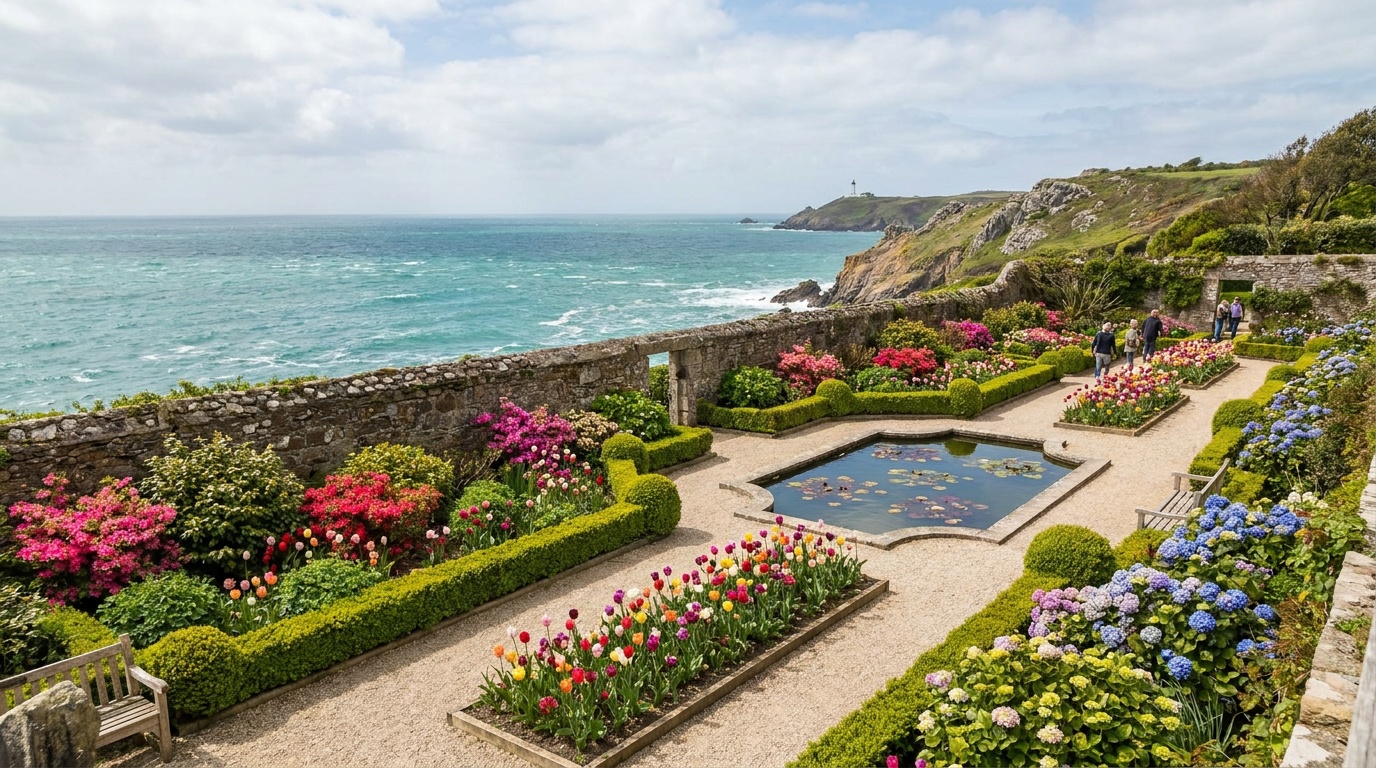 A manicured formal botanical garden on a coastal cliff with colorful flower beds, clipped hedges, and a central lily pond, ocean visible beyond the garden wall, sunny spring day