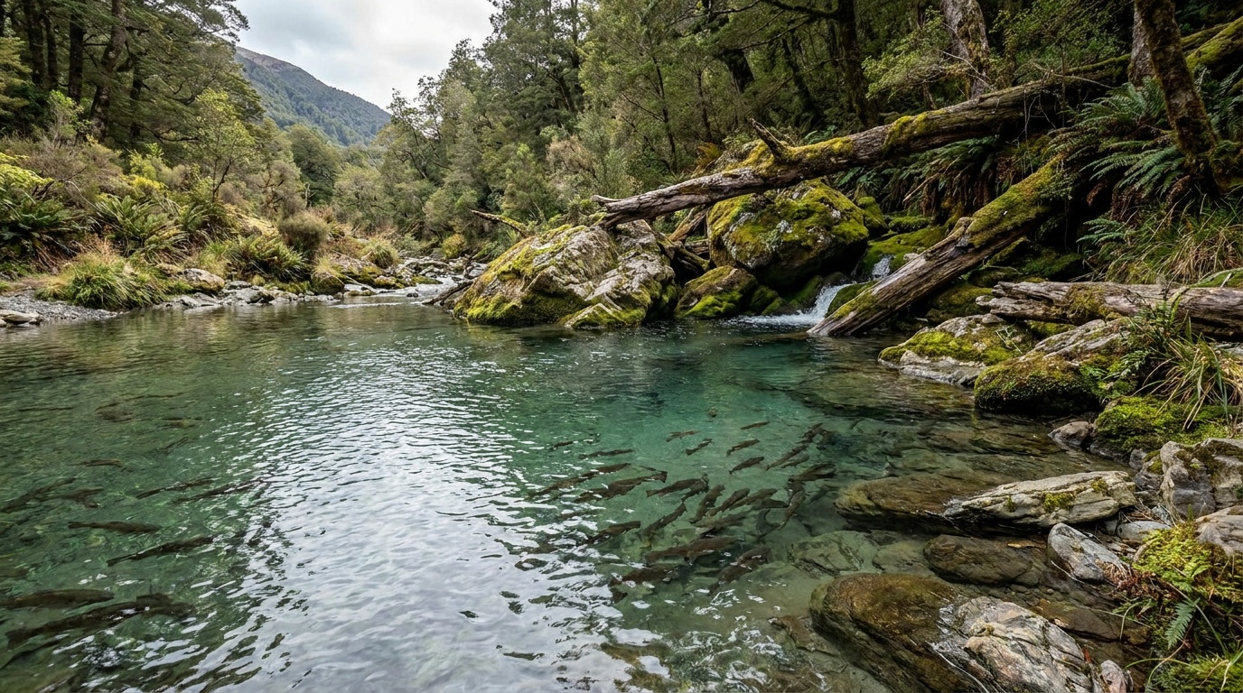 The Rise pool where the river reappears, with trout in the clear water