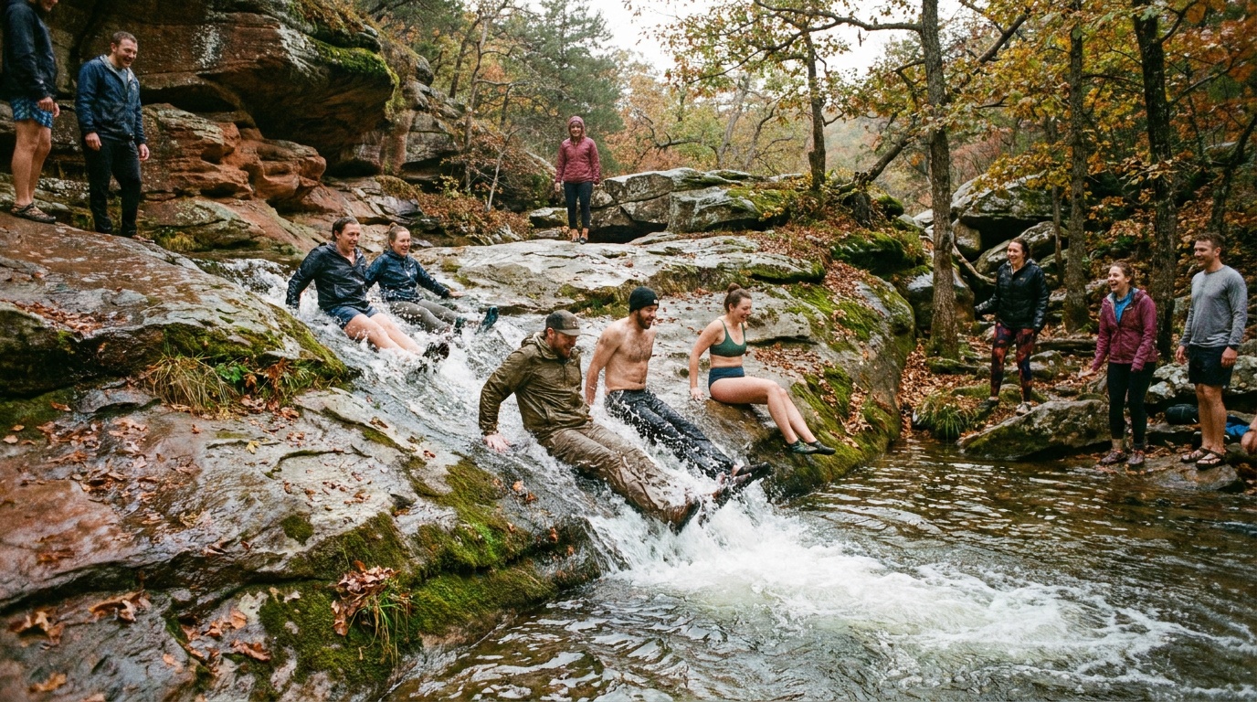 Visitors sliding down the smooth rock chute into Oak Creek