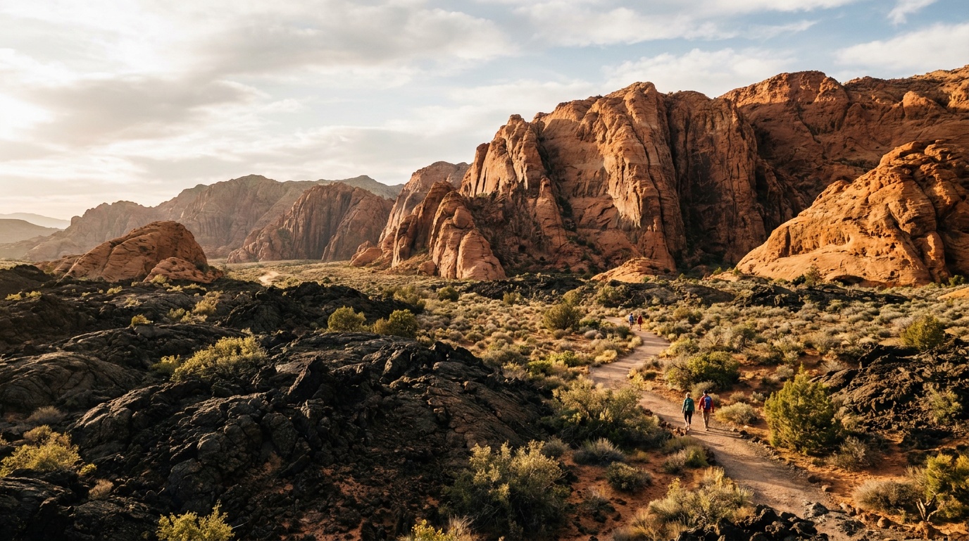 Red Navajo sandstone and black lava flows of Snow Canyon State Park near St. George, Utah