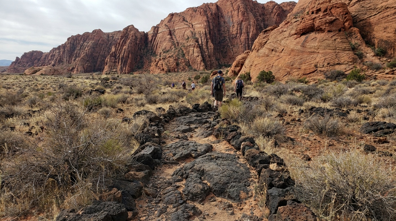 Black basalt lava flow trail against red sandstone cliffs in Snow Canyon