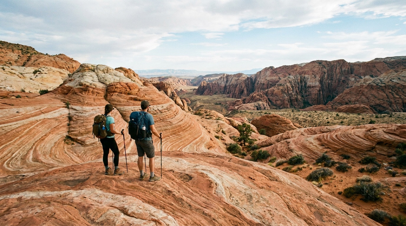 Hikers on the petrified slickrock dunes at Snow Canyon