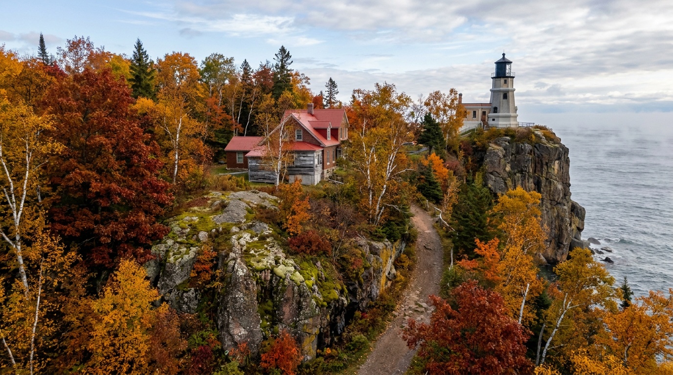 The Split Rock Lighthouse and keeper's buildings on the headland in autumn, North Shore forest turning red and gold around the white-and-gray light.