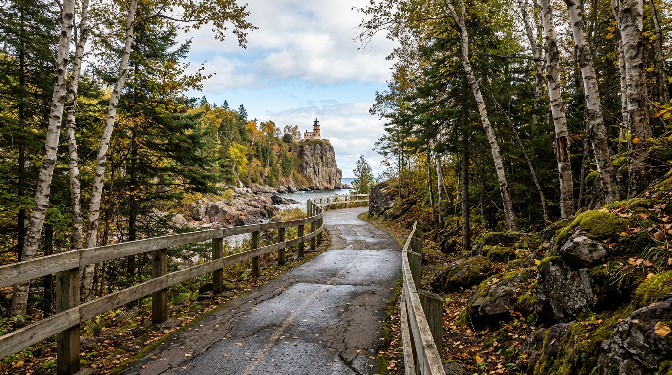 A paved Gitchi-Gami State Trail section running along the Lake Superior shoreline near Split Rock, birch and pine framing the wide lake view.