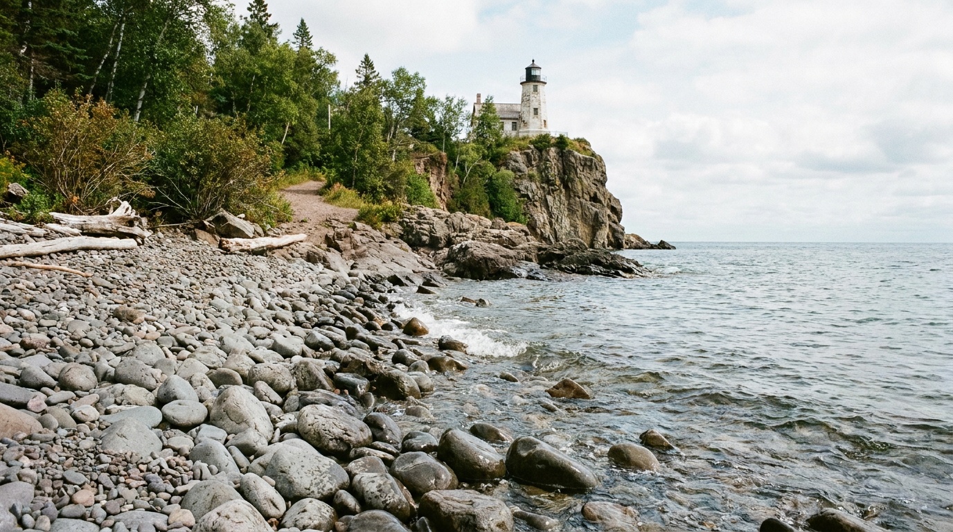 The cobble beach at Little Two Harbors with the lighthouse on the cliff in the background, calm Lake Superior water lapping smooth gray stones.