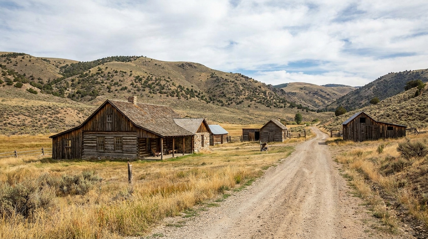 The historic Wilson ranch house and outbuildings
