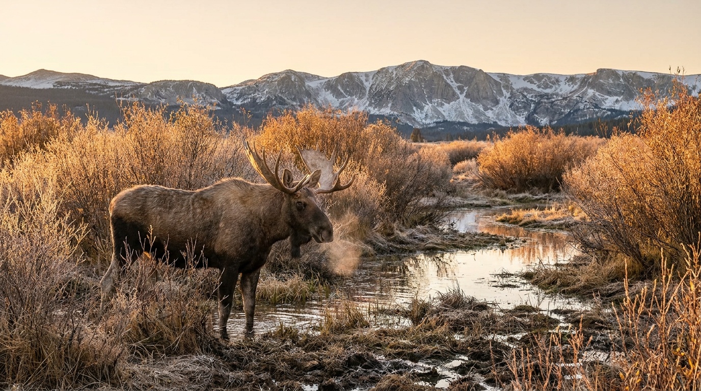 A bull moose standing in a willow marsh in North Park at State Forest State Park, the rugged Medicine Bow peaks behind, golden autumn light