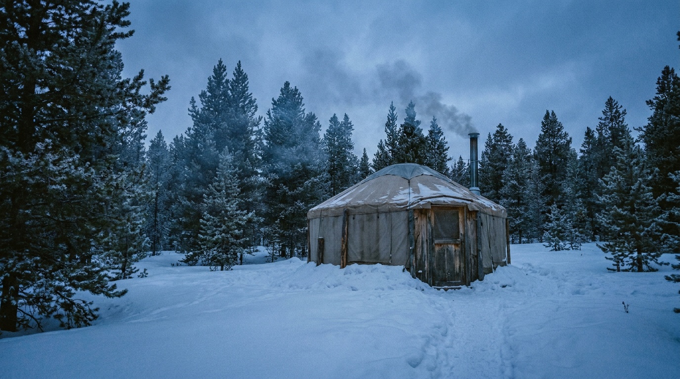 A rustic yurt in a snowy lodgepole pine forest at State Forest State Park, smoke from the chimney, deep winter snow, blue evening light