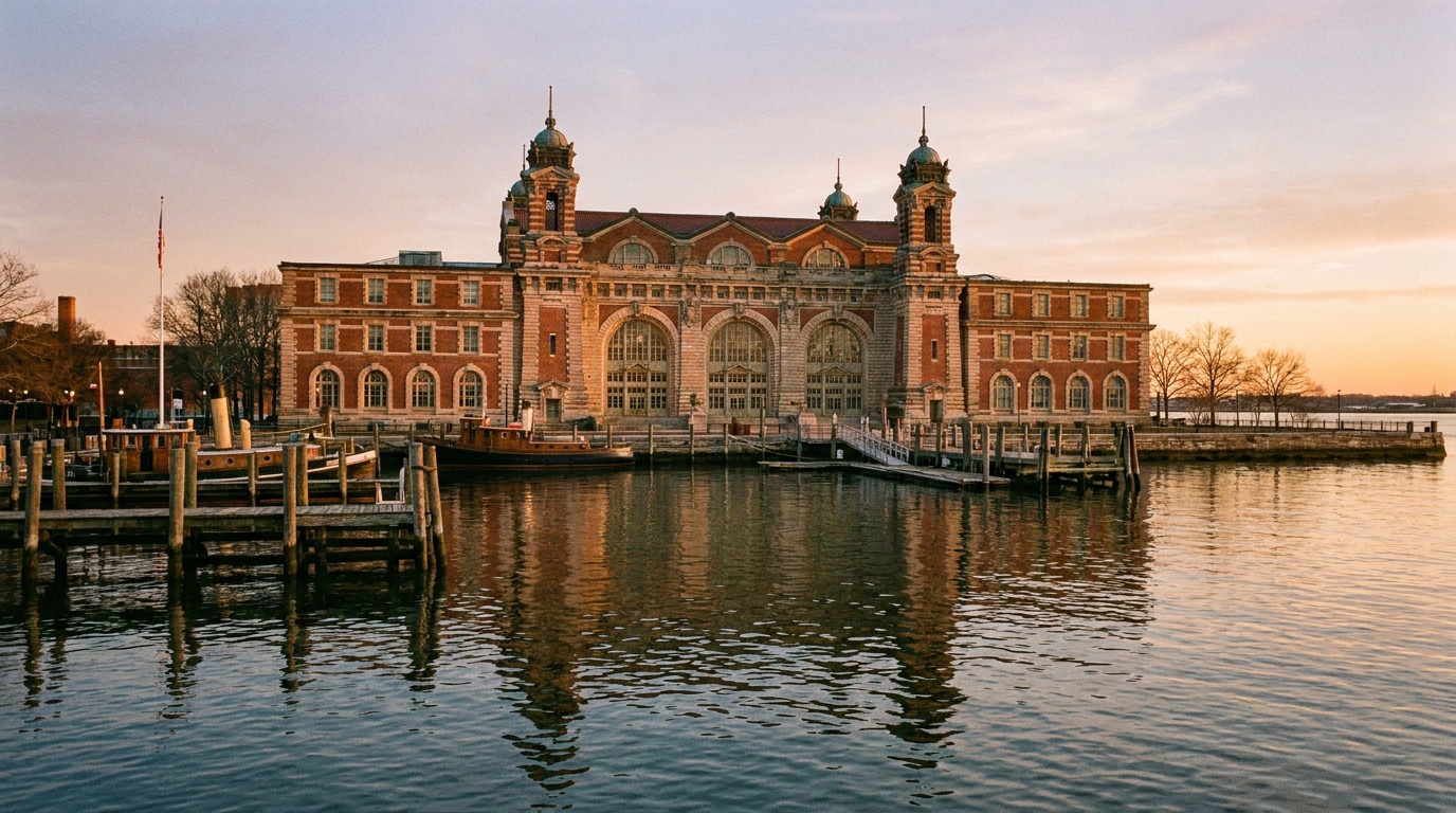 The historic red-brick main building of Ellis Island Immigration Museum reflected in calm harbor water at golden hour