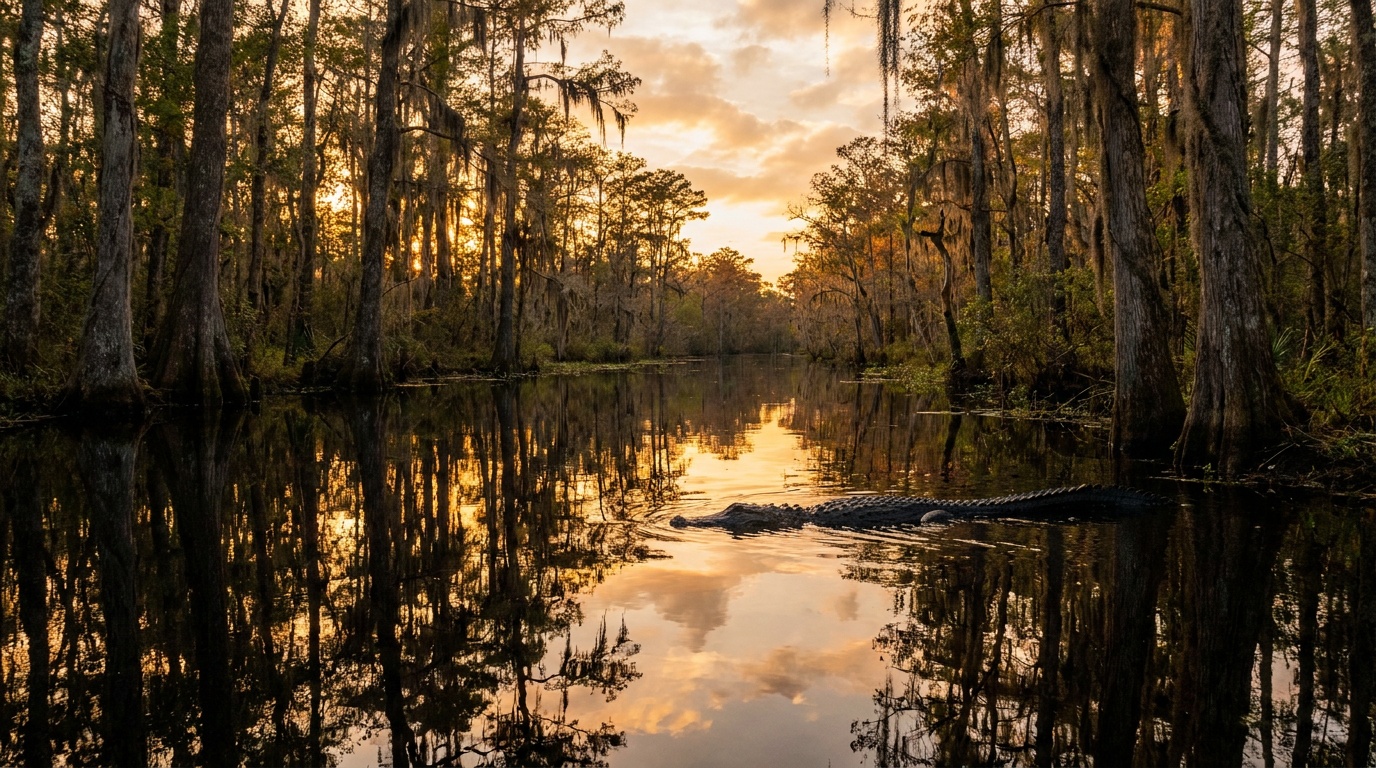 A glassy black-water channel of the Okefenokee Swamp at Stephen C. Foster State Park reflecting cypress trees and golden sky at sunset, an alligator in the still water